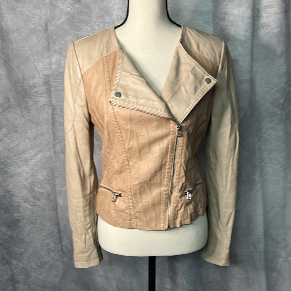 Candie’s Tan & Cream Faux Leather Motorcycle Jacket - size Medium